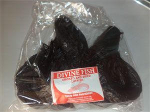 A pack of smoked and dried catfish from Divine Fish Farm